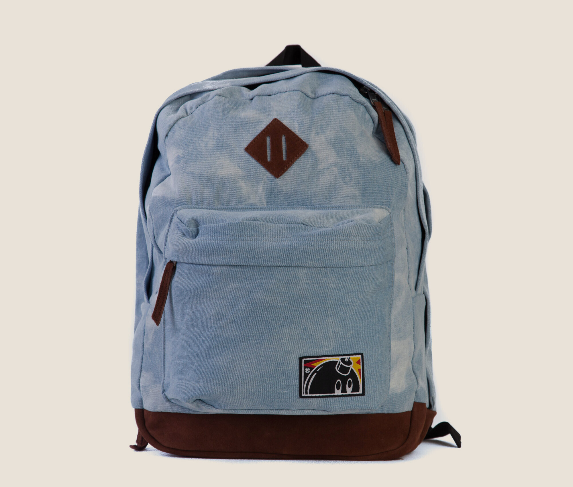 Washed denim backpack with suede base panel