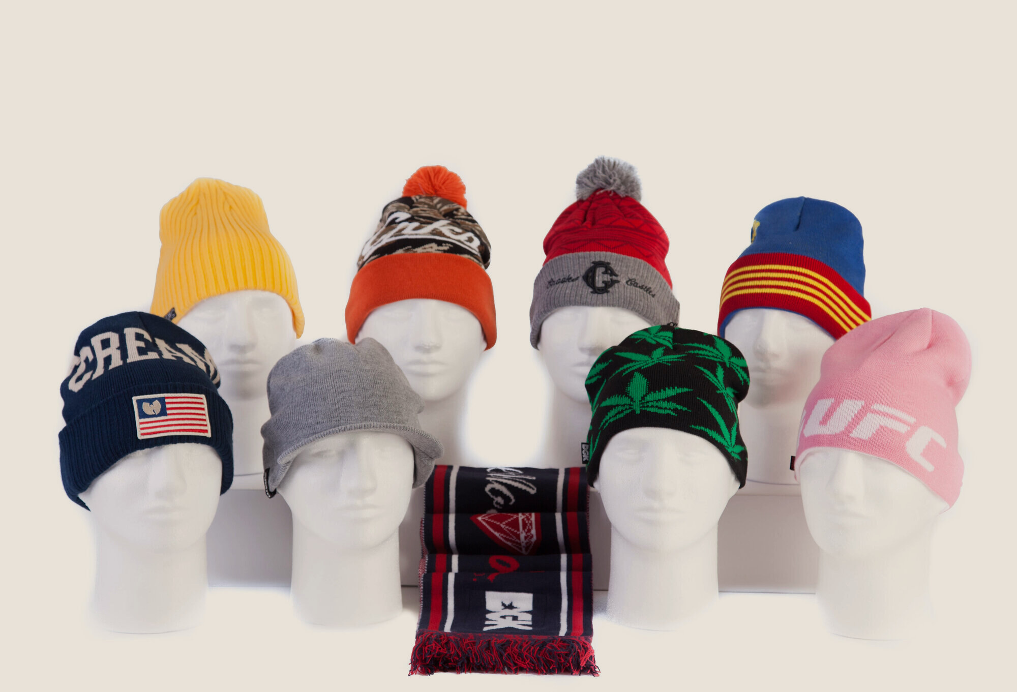 Knit beanie range and jacquard scarf