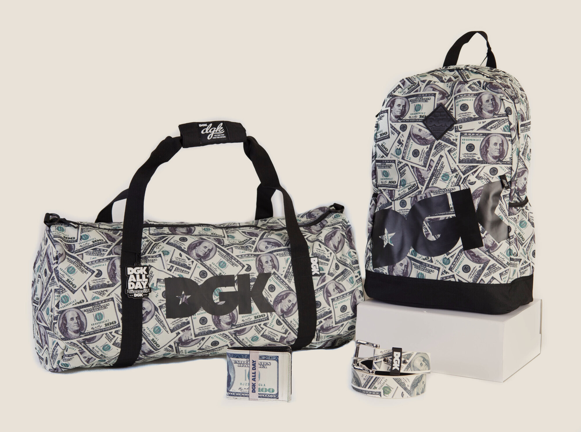 Printed duffle, backpack, wallet and belt set